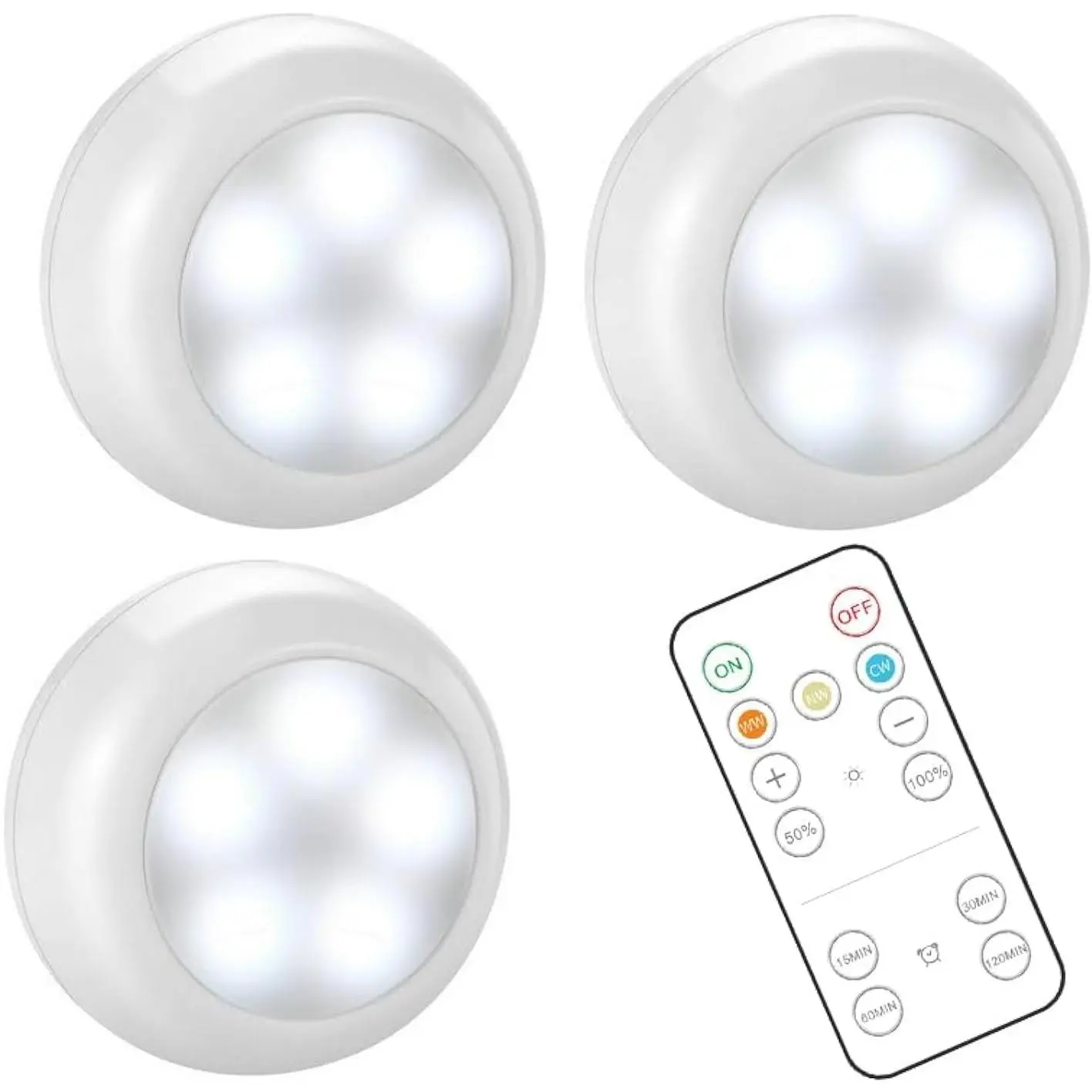 3-Pack Stick-On Wireless LED Puck Lights with Remote Control, 55 Lumens Acrylic Plastic, AA-1030 Battery-Operated (3 AA Batteries), Indoor Use Dimmable Under Cabinet Lights with Auto Off Timer, Cool & Warm White