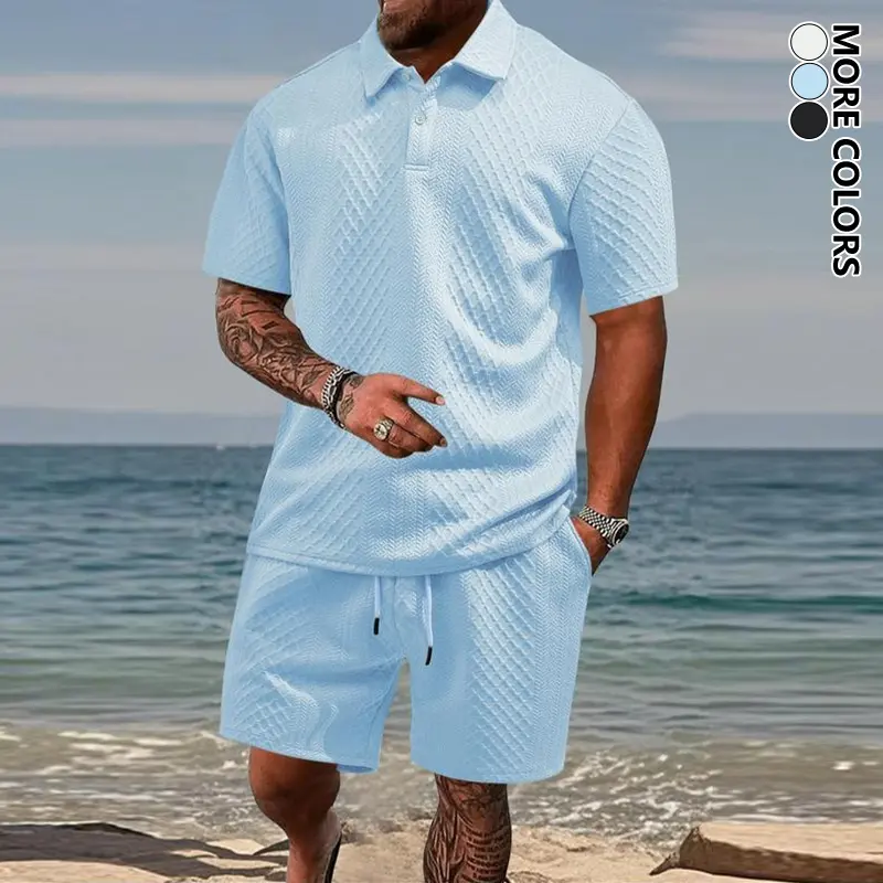 New Summer Men’s Polo Set, Casual Short-Sleeve + Shorts Two-Piece, 3D Diamond Quilted Texture, Perfect for Beach Vacations, Everyday Outings, Dates, and Gatherings, Effortlessly Create a Fresh Summer Look