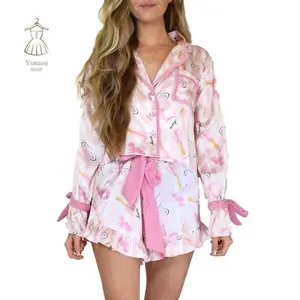 Women Christmas Pajamas Set 2 Pieces Loungewear Suits Bow/Cartoon/Plaid Print Long Sleeve Shirts Tops Shorts Sleepwear Outfits