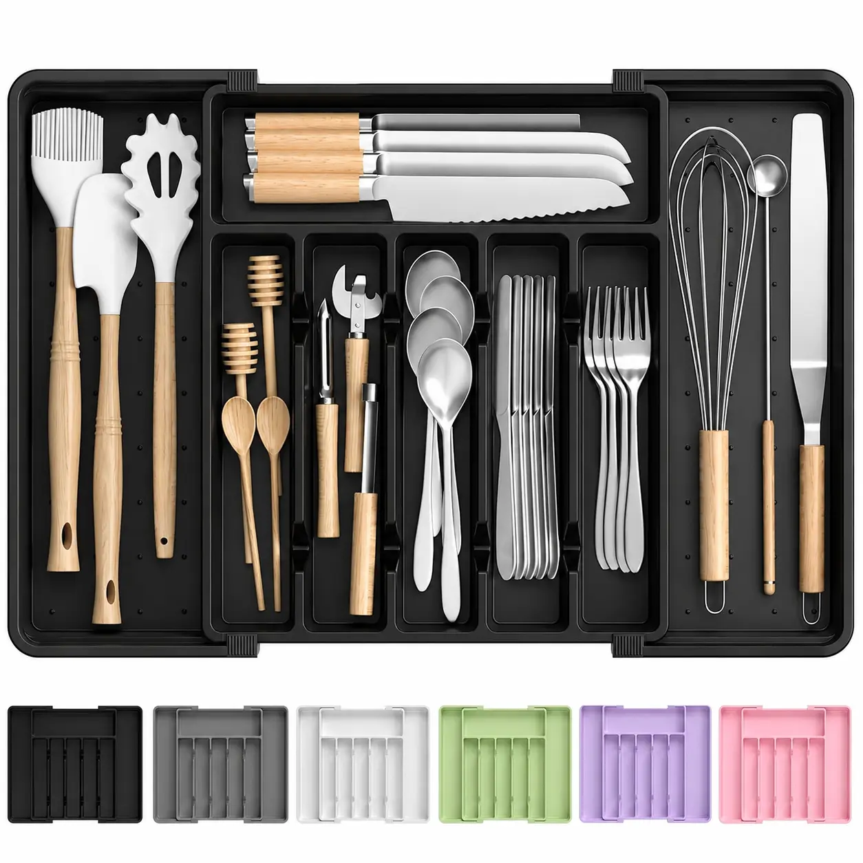 Large Silverware Organizer,Expandable Utensil Drawer Organizer,BPA Free Utensil Holder,Adjustable Silverware Tray Cutlery Drawer Organizer for Kitchen Flatware,Large,Black (6-8 Slots)