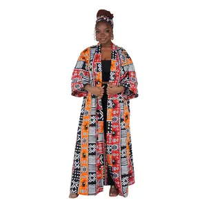 Black White Red Orange African Long Duster Kimono for Women with Headwrap