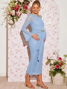 ELARA Elegant Party Solid Color Flare Sleeve Fitted Maternity Dress Brown Maternity Dress Pregnancy Photoshoot Dress Long Brown Dress Brown Elegant