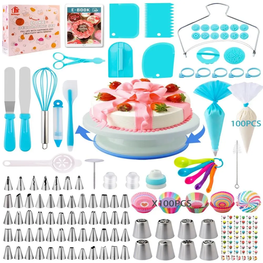 Household Multi-Piece Cake Decoration Boxed Set - DIY Baking Kit with Plastic Tools, Revolving Table, Icing Bags, Diverse Icing Tips for Home Use