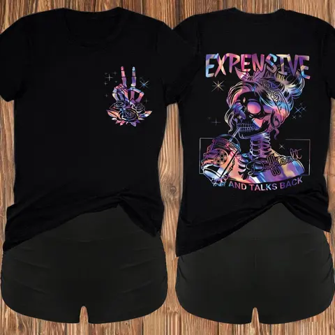 Two-piece Set, Casual Lounge Set, Knitted Fashion Set, Women's Skull Print Crewneck Tee & Skinny Shorts, Casual Short Sleeve T-shirt & Shorts for Daily Outdoor Wear, Ladies Summer Clothes