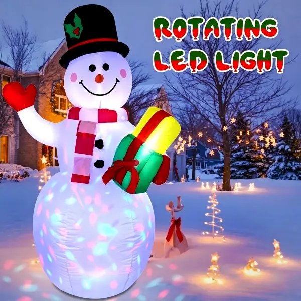 6 FT Christmas Inflatable Snowman, Blow‑Up Snowman Holding Gift Box with Built‑in Rotating LED Lights, Indoor Outdoor Yard Lawn Xmas Holiday Party Decoration