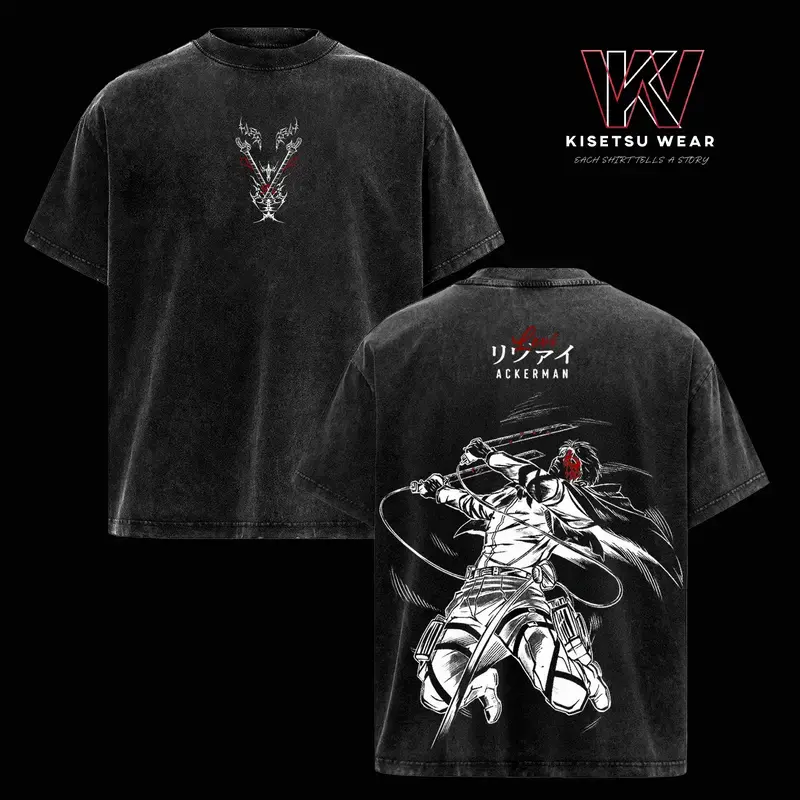 Men's Attack on Titan T-Shirt with Levi Ackerman Graphic Print, Oversized Vintage Washed Shortsleeve Streetwear Top in Heavyweight 230gsm Cotton, Apparel, Soft, Classic, Tshirt, Relaxed Fit, Personalized, Seamless
