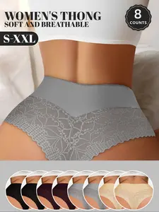 Women's Lace High-Waisted Thong Panties, Soft Breathable Invisible Underwear, Multi-Color Sexy Triangle Briefs, S-Xxl Sizes