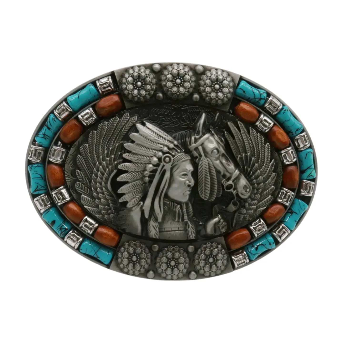 NEW Men's Silver Metal Belt Buckle Southwestern Native Warrior Horse American Indian Western Fashion Style Cowboys Buckle for Everyday Wear Work or Rodeo Fashion Accessory with Dark Silver Metal and Turquoise Beads