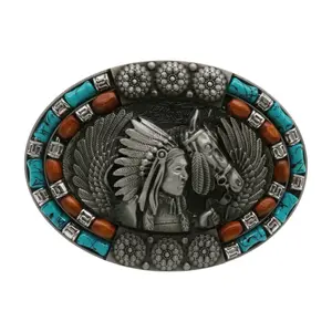 NEW Men's Silver Metal Belt Buckle Southwestern Native Warrior Horse American Indian Western Fashion Style Cowboys Buckle for Everyday Wear Work or Rodeo Fashion Accessory with Dark Silver Metal and Turquoise Beads