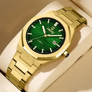 Men's Luxury Gold Octagonal Quartz golden Watch - Green Textured Dial with Date Display, Stainless Steel Band, Luminous Hands, Business Casual Dress Wristwatch, Perfect Gift for Him success accessory