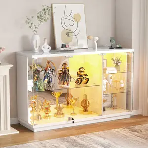 FREDEES Glass Display Cabinet with Lock & LED Light, High Gloss Sideboard with Human Body Sensor & Glass Shelves for Toys, Books, Collectibles, Liquor, Bookcase for Living Room, Kitchen, Study