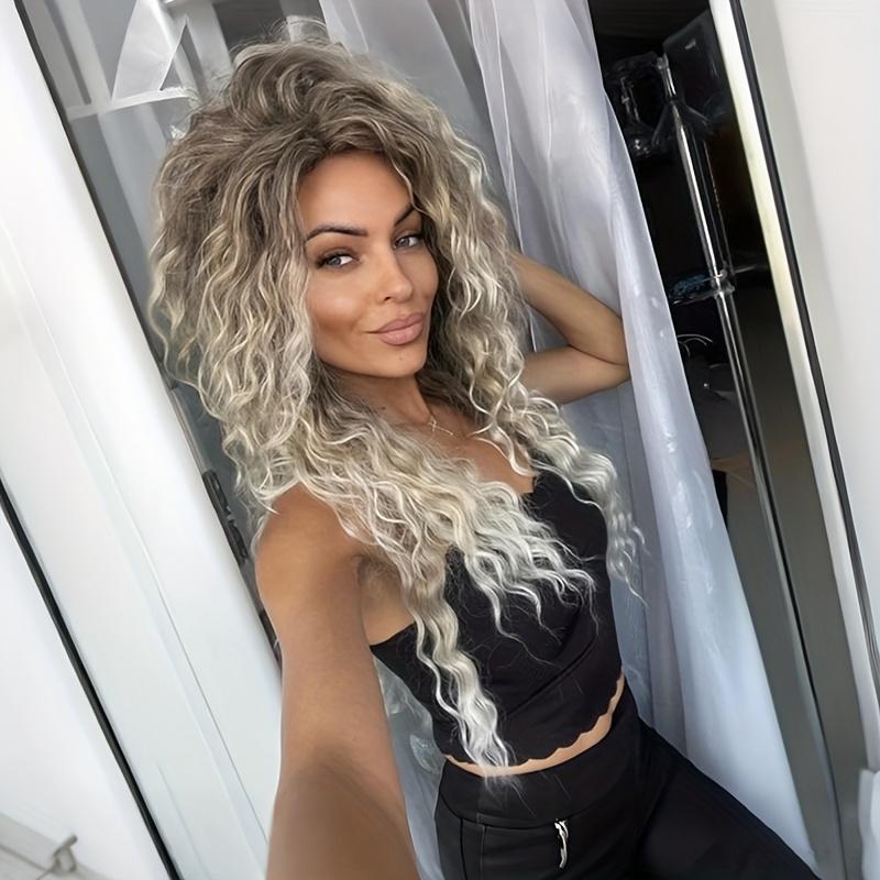 28 Inch Dark Root Silvery Grey Ombre Water Wave Wig for & All Skin Tones, Long Curly Synthetic Hair Wig, Heat Resistant, Soft & Full, Natural Looking Full Wig for Daily Wear, Party & Cosplay