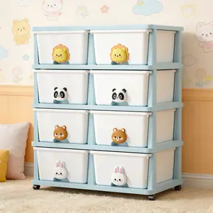 4-Tier Toy Storage Solution with Wheels, Large Toy Chest with 4/8 Drawers, Cartoon Design Storage Boxes for Kids Bedroom, Nursery, Kindergarten, Daycare Classroom