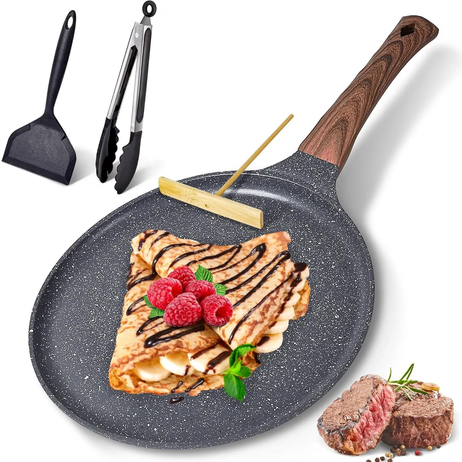 11 Inch Crepe Pan Nonstick Dosa Tawa Pan - Ceramic Coating Skillet for Pancake Omelette, Steak & Egg Cooking with Ergonomic Handle - Cookware
