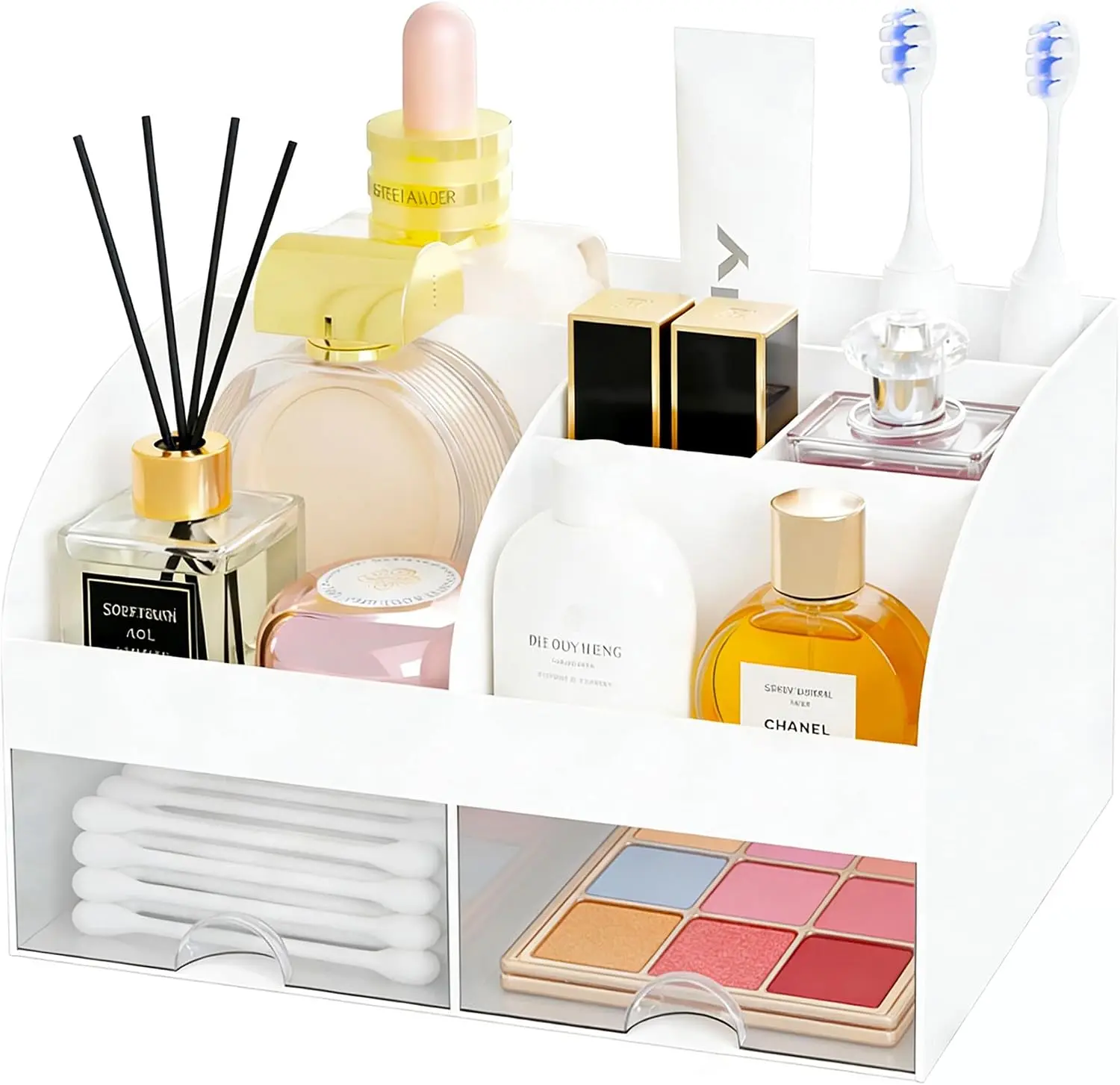 Makeup Organizer with 2 Drawers, Cosmetic Storage for Dresser Vanity and Bathroom Countertop,Make up organization and Skincare Storage with Beauty Brush Holder, Cosmetic Display Case (White)
