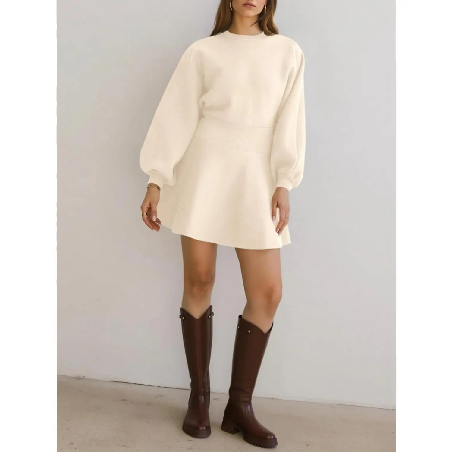 long sleeve sweater skater dress Rihoas Contrast Cuff Mock Neck Sweater Dress