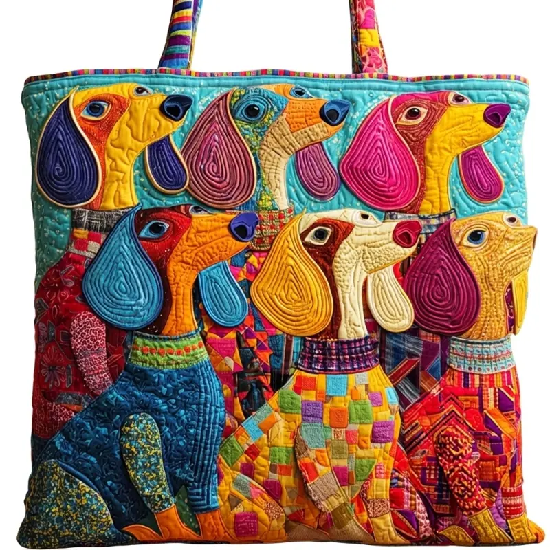Handmade Patchwork 3D Dog Tote Bag with Exquisite 3D Embossed Artistry Vibrant Neon Color Palette & Premium High-Density Quilting
