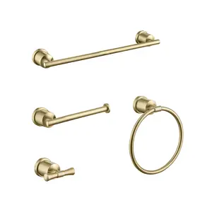 Wall-Mounted Brushed Gold 4-Piece Bathroom Hardware Set with Classic Design 304 Stainless Steel Towel Bar Ring Holder Hook Easy Install Minimalist Look