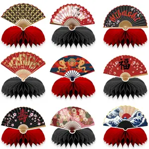 9PCS Asian Style Party Centerpieces Decorations Hibachi Birthday Party Decorations Asian Chinese Japanese Style Paper Fans Honeycomb Centerpieces Table Decor Asian Baby Shower Wedding Birthday Decor Supplies