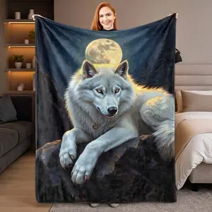 Arctic Wolf Flannel Throw Blanket, Moonlight Wolf Print, Perfect for Bedroom, Living Room, Dorm Room, Sofa, Bed, and Outdoor Picnic, Ideal for Cozy Nights, Winter Season, Christmas, Halloween, Thanksgiving, and Birthday Gifts