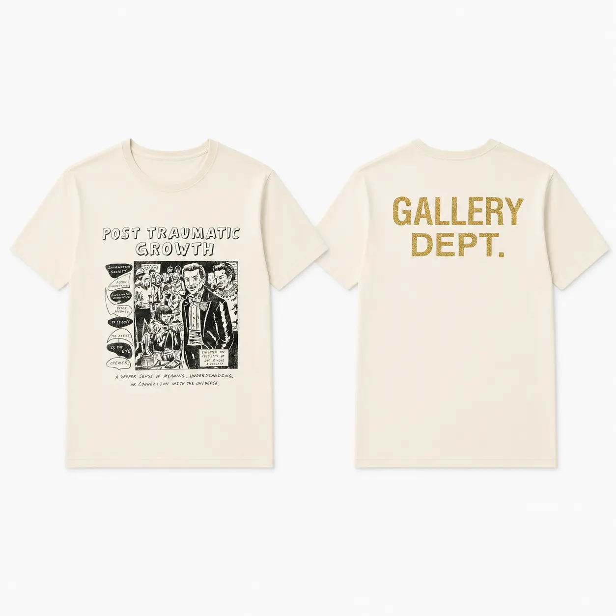 Gallery Dept Post Traumatic Growth Graphic T Shirt Cream Front Back Print Vintage Unisex Streetwear Tee