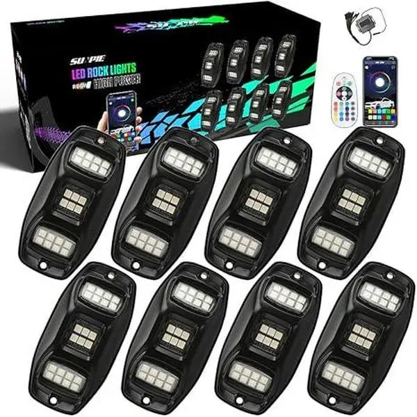 SUNPIE 8-Pod Triple-Angle RGBW High-Power Aluminium Underglow Kit, Bluetooth Car LED Lights with App & Voice Control, Music Sync, Strobe, RGB Side Lights for Off-Road Vehicles, Cars Accessories