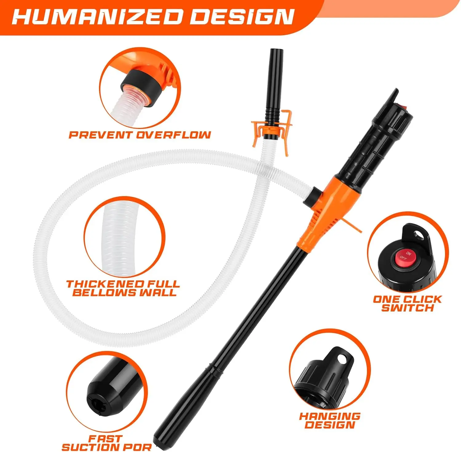 Electric Fuel Transfer Pump, 3.2GPM Portable Fluid Transfer Siphon Pump with Oil Pipeline, Battery Gas Pumps with 47 Inches Hose &Gloves for Car/RV(Orange)