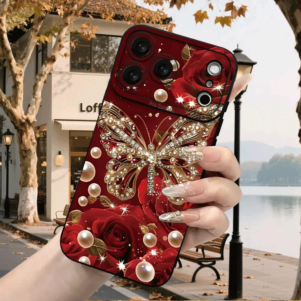 Phone Case - Red Rose with Rhinestone Butterfly And Pearl Phone Case for Iphone 17 16 15 14 13 12 11 XS XR X 7 8 Mini Plus Pro Max SE Air,summerwins tiktokshopbacktoschool,back to school,back to school haul