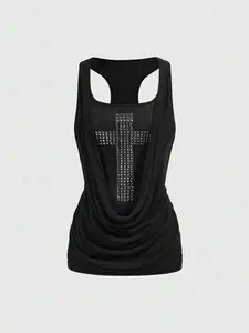 SHANIAH Grunge Punk Summer Y2K Style Deep Draped Neck Cross Metal Rivet Fitted Camisole
