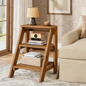 Tribesigns Solid Wood End Table, 3-Tier Farmhouse Side Table with Open Storage Shelves, Rustic Nightstand for Living Room, Bedroom, Small Places, Brown (Easy Assembly)