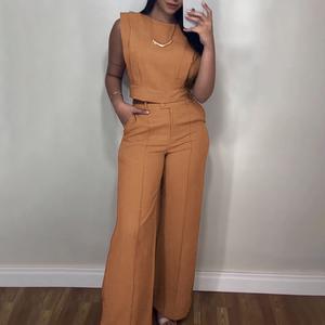 CHICME Women's 2 Pieces Round Neck Cap Sleeve Crop Top and Casual Pocket Design Straight Pants Set/Women's Crop Top and Pocket Pants Set
