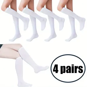 Pack of 4 Women's White Over-the-knee Socks, Fashionable Solid Color Over-the-knee Socks Autumn and Winter Styles