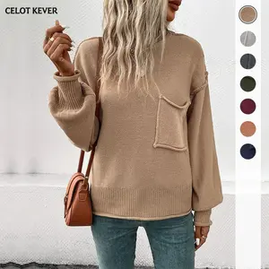 CELOT KEVER Multi-Color Hot Item Simple Style Pocket Loose Long Sleeve Solid Color Sweater for Women Casual Cotton