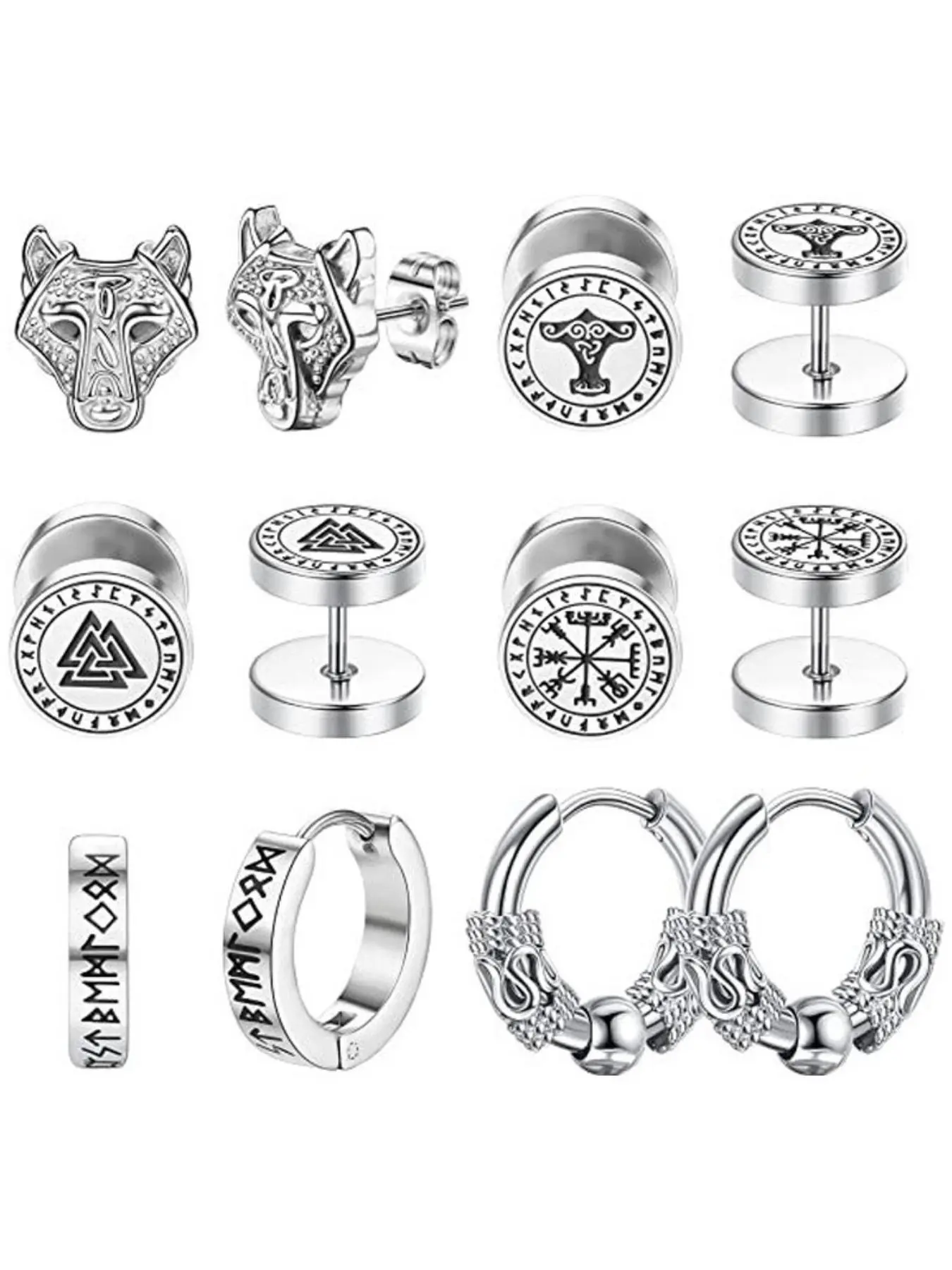Punk Style Viking Compass & Wolf Design Stud Earrings & Hoop Earrings, Stainless Steel Jewelry Ear Studs for Party, Daily Clothing Decor for Men & Women, Earrings Set