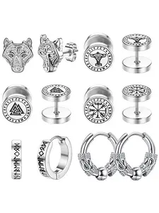 Punk Style Viking Compass & Wolf Design Stud Earrings & Hoop Earrings, Stainless Steel Jewelry Ear Studs for Party, Daily Clothing Decor for Men & Women