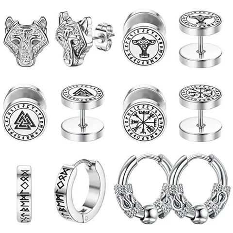 Punk Style Viking Compass & Wolf Design Stud Earrings & Hoop Earrings, Stainless Steel Jewelry Ear Studs for Party, Daily Clothing Decor for Men & Women, Earrings Set Earring Hoops