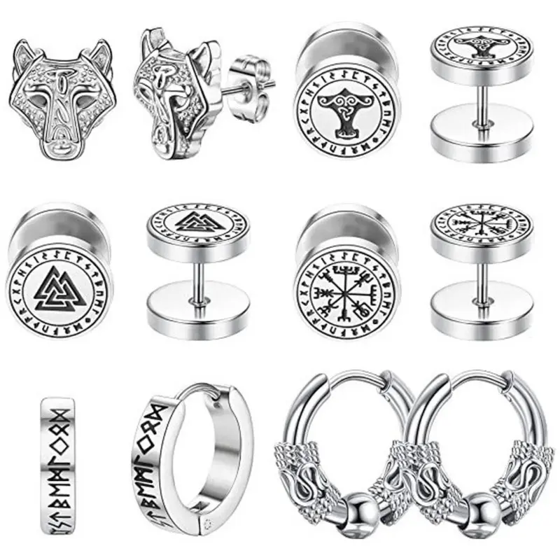 Punk Style Viking Compass & Wolf Design Stud Earrings & Hoop Earrings, Stainless Steel Jewelry Ear Studs for Party, Daily Clothing Decor for Men & Women, Earrings Set Earring Hoops