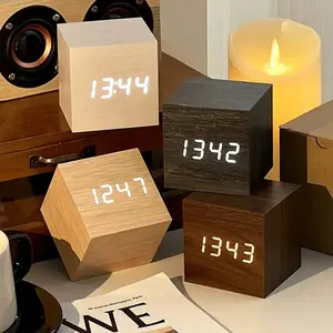Modern Wooden Digital Alarm Clock with LED Temperature Display and Sound Control