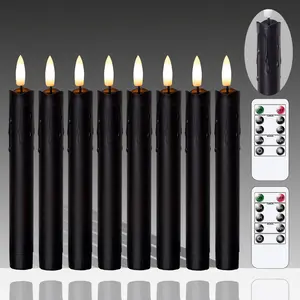 Flameless Flickering Taper Candles Two Remote, 7.5 Inch Black Battery Operated LED Window Candles Timer,Set of 8 Plastic 3D-Wick Dripping-Wax Effect Flameless Candlesticks(0.86”Dia,Warm Fire)