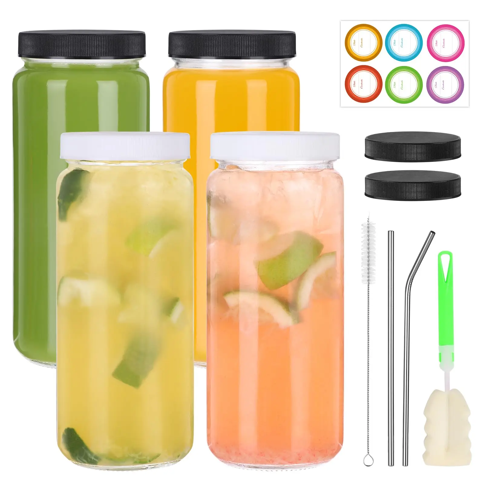 4 Pack 16 OZ Glass Juice Bottles with Lids and Straws, Juicing Glass Bottles for Smoothie, Water, Milk and Kombucha, Clear Reusable Water Bottles with Caps