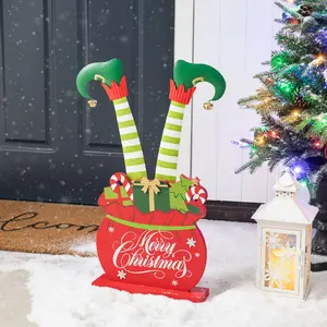 Glitzhome 24.5"H Christmas Wooden/Metal Elf Legs in Gift Box Porch Decor(KD)