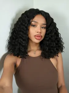 V Part Design, Deep Curly Wavy Shoulder Length Wigs, Glueless Wig, Medium Length, Synthetic Material, Natural, All-Season Use