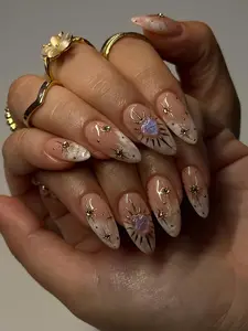 Luxury Gold Star Press On Nails, Marble Nude Almond Nails, Celestial Nude Press On Nails, Gold Star French Tip Nails, Nude Press Ons