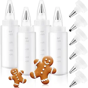4 Piece Plastic Piping Bottles Set, 6 Different Nozzles, Ideal for Cookie Icing, Pancake Decoration, 4 Ounces, Baking Supplies