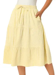 INSPIRE CHIC Women's Gingham Skirt Summer Casual Drawstring Waist Tiered Plaid A-Line Midi Skirts with Pockets