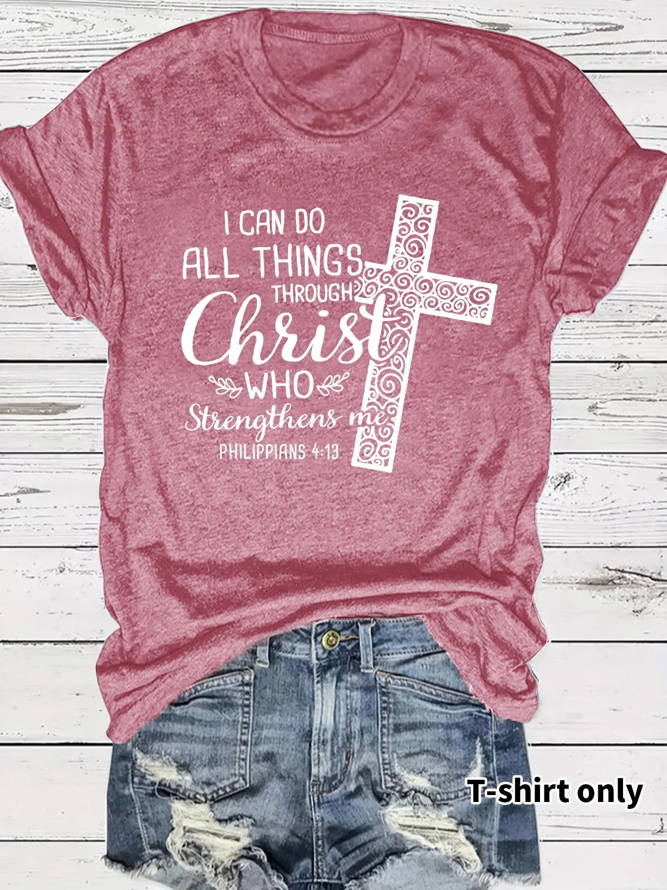 Women's Cross & Letter Graphic Print Round Neck Tee, Casual Short Sleeve Crew Neck T-shirt for Summer, Fashion Women's Top for Daily Wear, Everyday, Lady, Womenswear