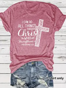 Women's Cross & Letter Graphic Print Round Neck Tee, Casual Short Sleeve Crew Neck T-shirt for Summer, Fashion Women's Top for Daily Wear, Lady