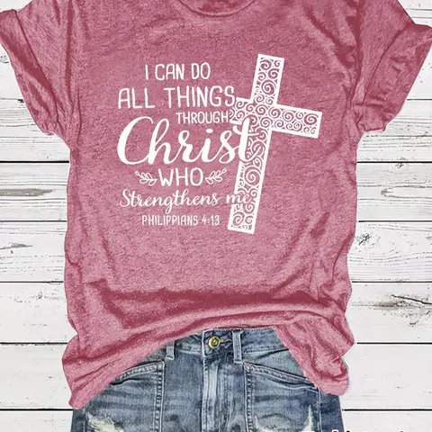 Women's Cross & Letter Graphic Print Round Neck Tee, Religious Tee, Casual Short Sleeve Crew Neck T-shirt for Summer, Fashion Women's Top for Daily Wear, Lady, Womenswear