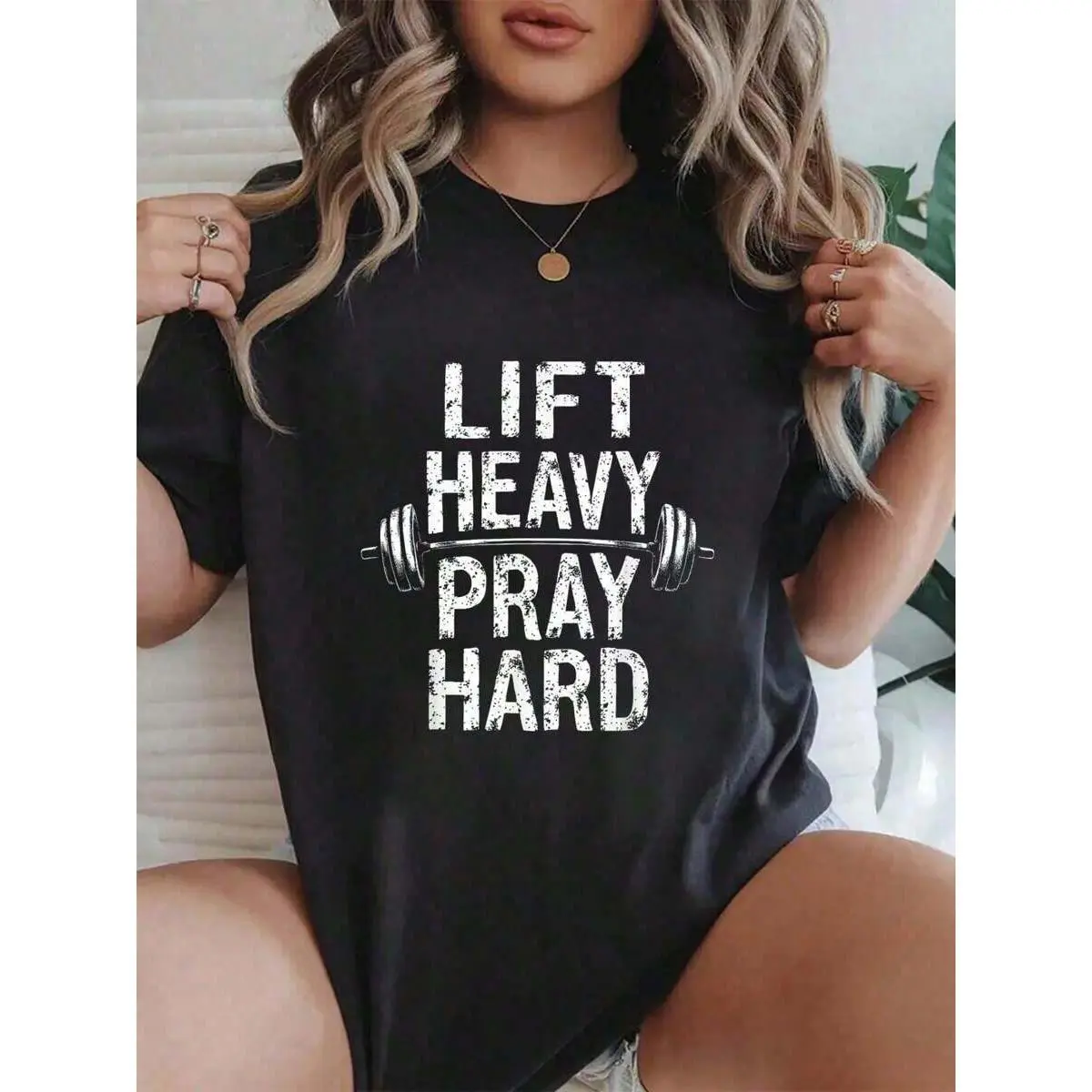 Women's 100% Cotton Round Neck Shortsleeve T-Shirt - Jesus "Lift Heavy Pray Hard" Graphic, Weightlifter Deadlift Themed, 2025 Summer Casual Streetwear Top