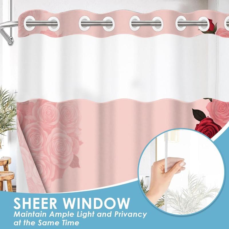 1pc hookless shower curtain with buckle lining, spring pink rose vine design, 2D flat printing, fabric waterproof lining, see-through double-layer shower curtain, 71 x 74 inches, modern home draping curtain, Shower Curtain Liner